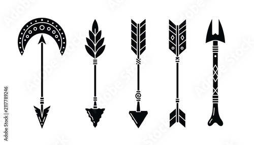 Collection of five unique ethnic tribal arrow designs in solid black silhouette on a plain white background, symbolizing defense.