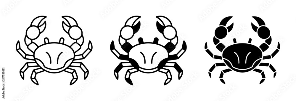 Obraz premium Crab Icons Set, Marine Life Vector Graphics, Seafood Symbol Collection, Zodiac Cancer Sign