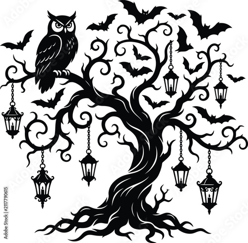 Spooky halloween tree silhouette with owl bats and hanging lanterns