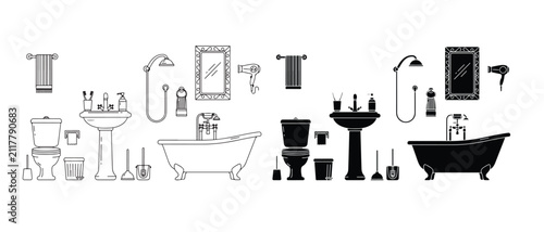 Collection of Bathroom Fixtures and Accessories in Line Art Style