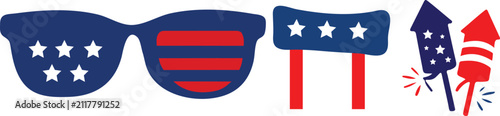 Patriotic American themed graphic elements including sunglasses and fireworks