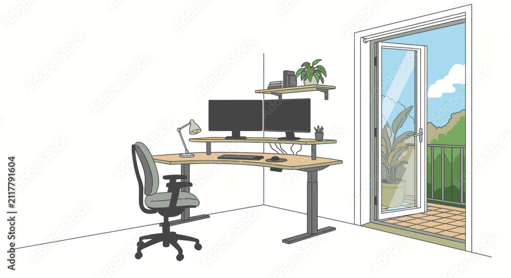 Fototapeta premium Modern home office setup with ergonomic desk, dual monitors, comfortable chair, and a refreshing balcony view, perfect for remote work and productivity.