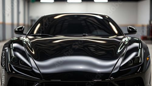 Glossy black car luxury vehicle sports car modern design sleek exterior high end automotive reflective surface aggressive front indoor lighting elegance power sophistication style performance