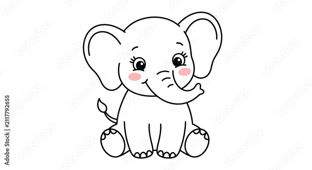 Obraz premium Baby Elephant Line Art Illustration On White Background