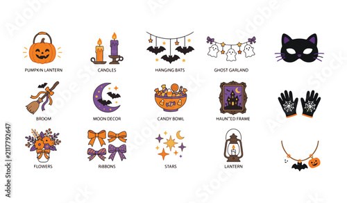 Halloween decorations and icons in orange and purple hues