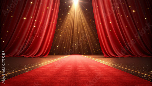 Red carpet spotlight curtain stage luxury glamour event celebration gold sparkling festive dramatic elegant theater performance illuminated award premiere show entertainment