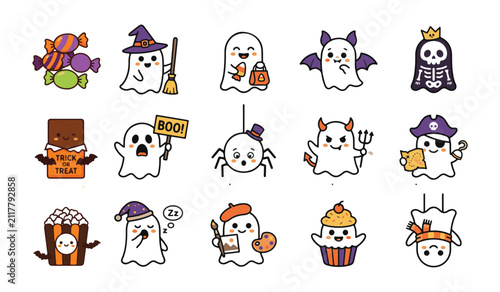 Halloween stickers with cute ghosts, costumes and sweets