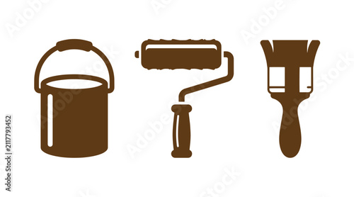 Set of brown flat icons representing home renovation tools including a paint bucket a roller and a paintbrush with renovation improvement decorating construction maintenance