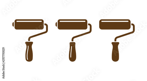 Three identical paint roller icons in brown flat style representing wall painting tools and equipment with painting renovation improvement decorating construction equipment