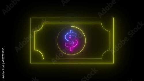 Glowing neon line bank note dollar icon isolated on black background. dollar banknote icon. stacked dollar bills representing finance, banking,savings, and economic wealth concept.4k animation video.