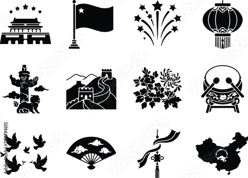 Canvas Print Set of black and white icons representing traditional symbols and landmarks for