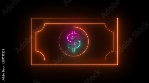 Glowing neon line bank note dollar icon isolated on black background. dollar banknote icon. stacked dollar bills representing finance, banking,savings, and economic wealth concept.4k animation video.