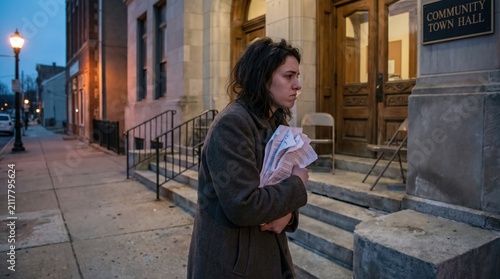 Town hall walkout with disappointed woman holding crumpled flyers