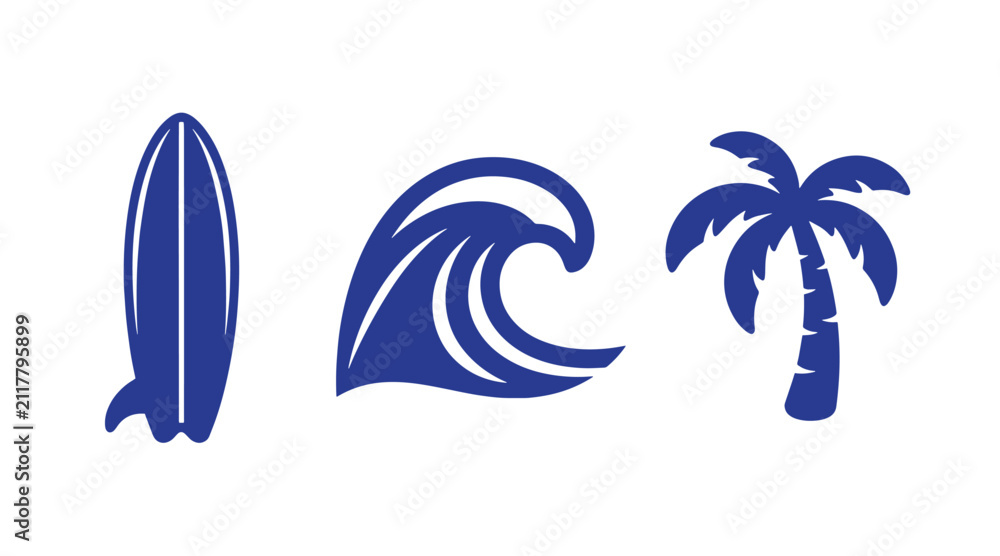 Fototapeta premium Surfing equipment and tropical lifestyle icons including surfboard wave and palm tree with surfboard tropical vacation recreation lifestyle adventure illustration minimalist