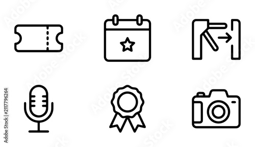 Event Icons Vector Set: Ticket, Calendar, Turnstile, Microphone, Award, Camera, Graphic Elements for Planning, Access, Performance, Recognition, Photography