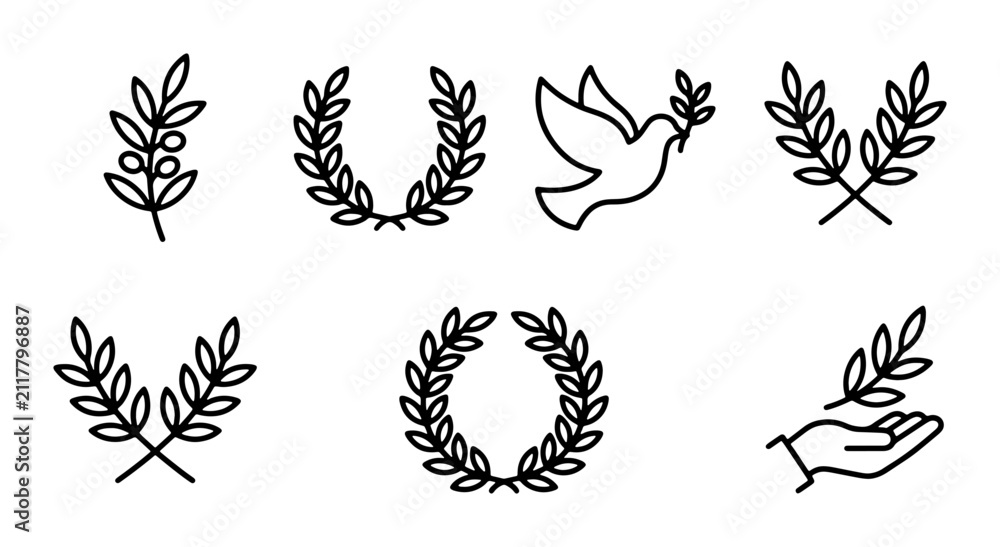 Fototapeta premium Minimalist Laurel Wreath and Dove Icons, Vector Set: Olive Branch, Peace Symbol, Award Emblem, Elegant Design Elements for Celebrations and Recognition