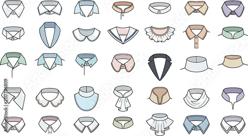 Foto Colored fashion shirt collar vector icon set featuring various neckline styles like peter pan sailor mandarin ruff and classic polo designs
