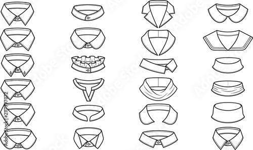 Konstfotografi Fashion shirt collar vector icon set featuring various neckline styles like peter pan mandarin ruffled cowl and classic button down designs