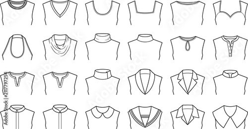 Quadro su tela Fashion flat sketch vector set of garment necklines collar variations turtle nec