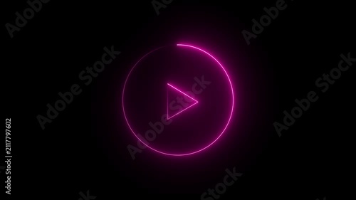 Glowing neon shine play button sign with neon circle animation. Neon glowing play button icon on the black background. pink color neon icon. 4k animation motion video..