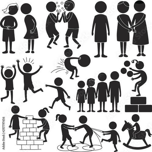 Картината върху платно Collection of black silhouette showing children playing, interacting, and engagi