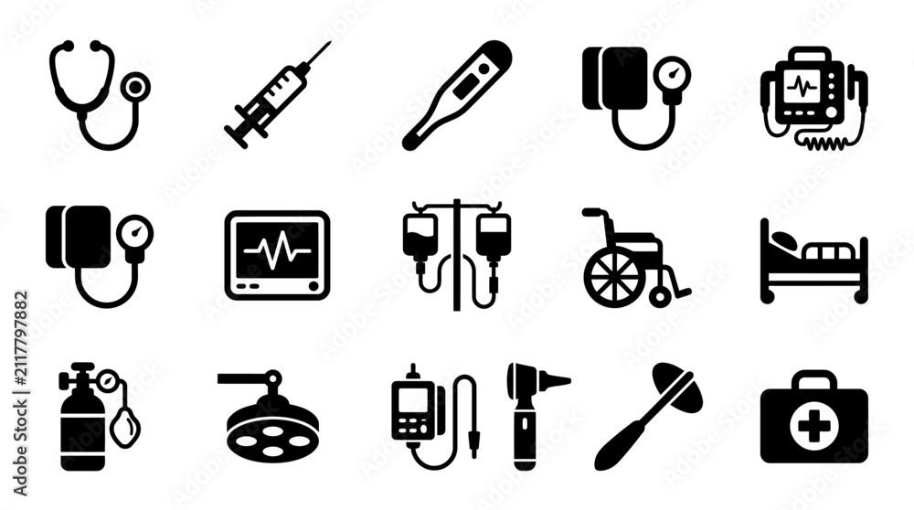 Fototapeta premium Set of black and white medical and healthcare icons representing hospital equipment and clinical diagnostic tools