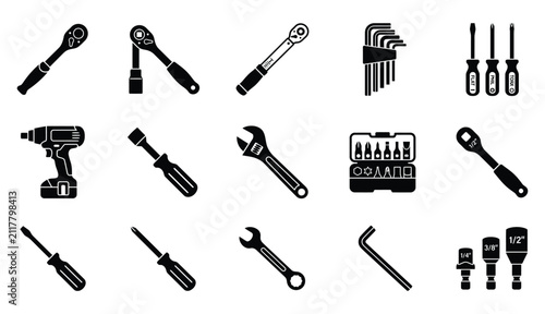 Foto Set of black and white icons representing various construction and mechanical ha