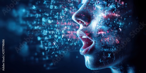 A digital face composed of glowing data points and letters speaks, symbolizing artificial intelligence and digital communication.