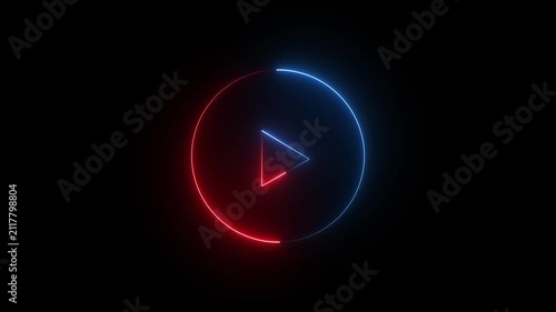 Glowing neon shine play button sign with neon circle animation. Neon glowing play button icon on the black background. red and blue color neon icon. 4k animation motion video..