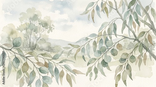 A serene landscape with a tree branch adorned with green leaves, set against a soft, muted background.