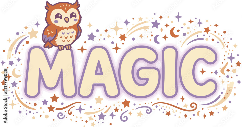 Fototapeta premium Cute Cartoon Owl on Purple Magic Text with Stars Illustration