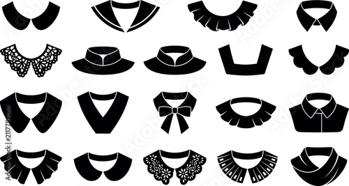 Obraz na plátně Fashion shirt collar silhouette vector icon set featuring various black neckline styles like lace peter pan ruff sailor and classic bow designs