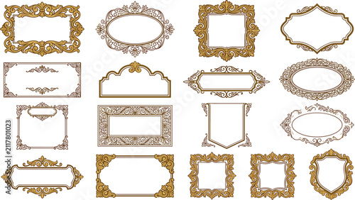 Vintage golden picture frames and baroque border ornament vector collection featuring antique luxury filigree labels and royal decorative design elements.