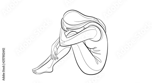 Принти на полотні A minimalist line drawing of a person curled up in a fetal position, conveying a sense of introspection or distress