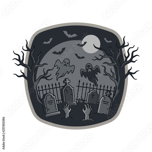 Spooky graveyard scene with ghosts and moon.