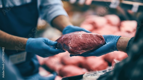 Packaged Beef Two gloved hands hold a piece of raw meat in a meat processing or market setting.