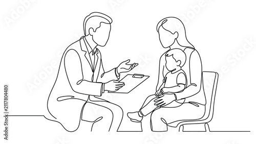 Continuous line drawing of a pediatrician examining a young child with a mother.