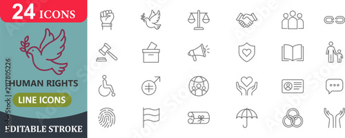 Human rights and social justice outline icon set with equality handshake democracy fairness
