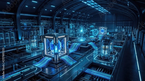 Advanced futuristic laboratory facility featuring glowing blue energy cores and high technology research equipment in a dark sleek architectural interior space
