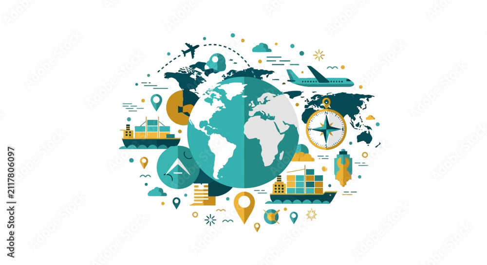 Naklejka premium Global Logistics and International Trade Concept Illustration with Globe, Cargo Ship, Airplane, and World Map for Supply Chain and Global Business
