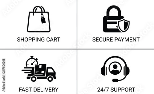 Icons representing online shopping services: cart, secure payment, fast delivery, and support.