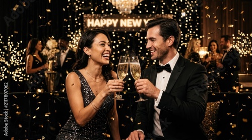 A couple toasting champagne glasses at a New Year's Eve party.