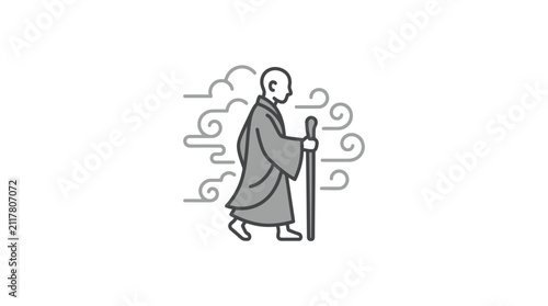 Buddhist monk walking with staff peacefully.