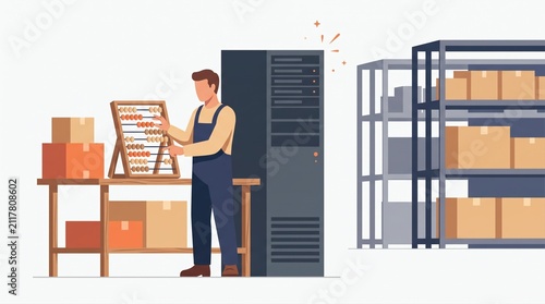 Wooden abacus warehouse worker beside sparking server during manual inventory
