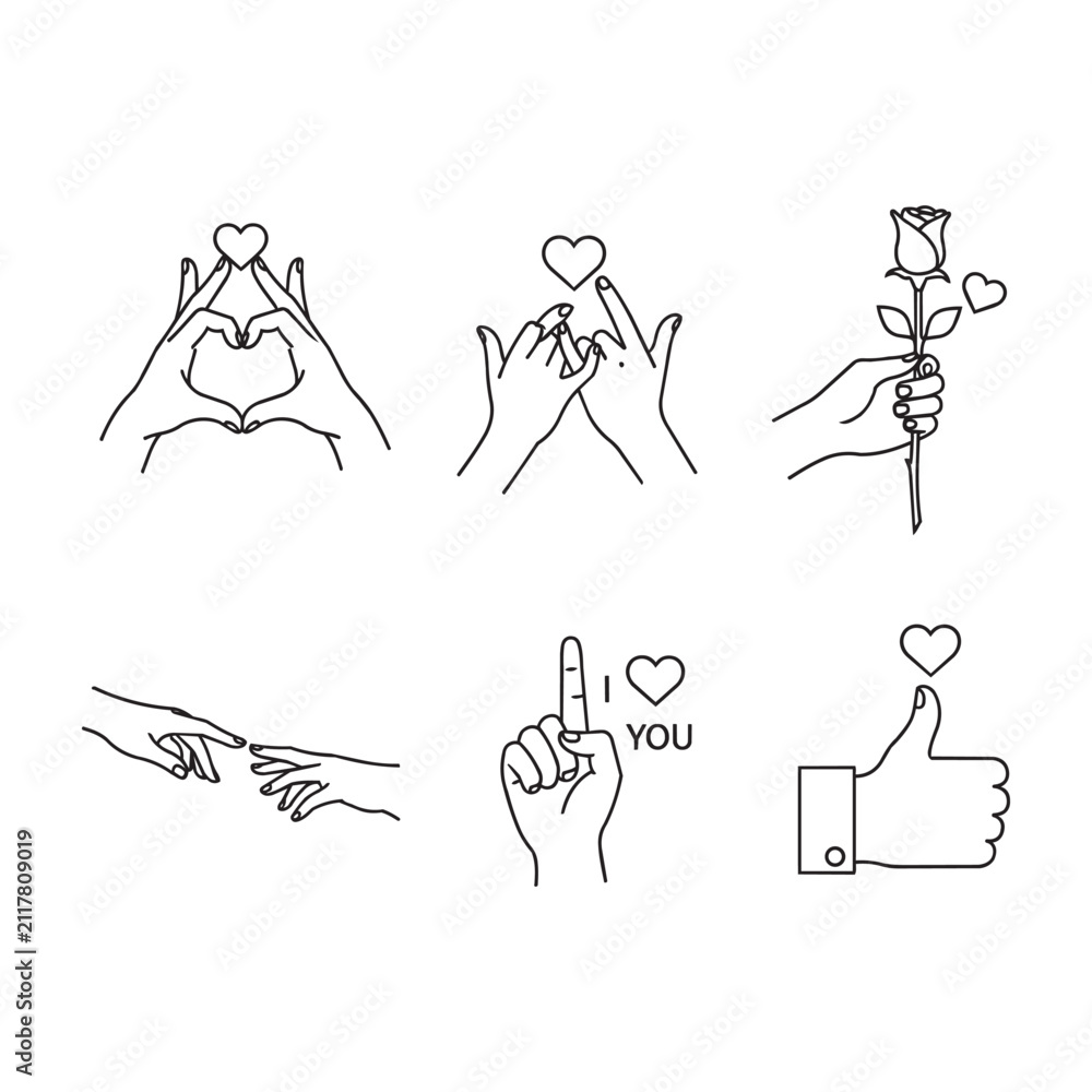 Obraz premium Minimalist hand gestures vector icon set, romantic love symbols, diverse hand signs for relationships and affection, black and white line art illustrations for Valentine's Day.
