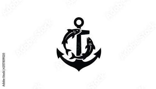 Vintage style nautical anchor symbol with two fish swimming around it, black silhouette on a white background.