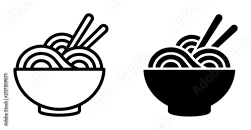 Noodle Bowl Icons, Asian Food Vector Graphics, Chopsticks Meal Illustration, Japanese Cuisine Symbols, Delicious Dish Set, Black and White Outline