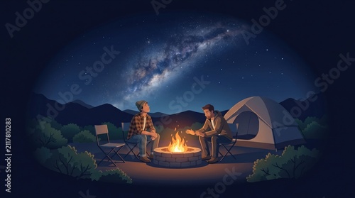 Campers around fire pit under Milky Way at dark sky park