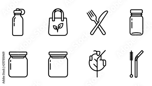 Eco-Friendly Lifestyle Icons Set: Reusable Water Bottle, Tote Bag, Cutlery, Jars, Straws, and Cleaning Brushes for Sustainable Living and Zero Waste Concepts