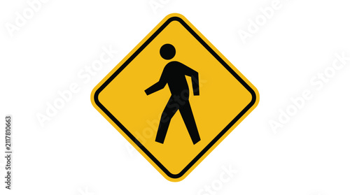 Pedestrian crossing sign vector graphic illustration featuring a black silhouette of a walking person inside a bright yellow diamond shape